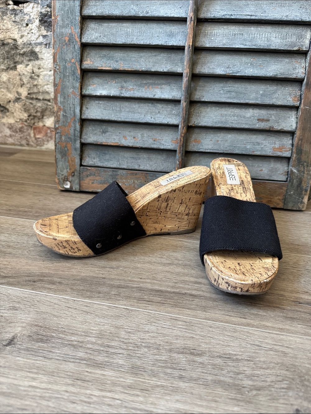 Esprit Black Stretch Fabric Cork-Wedge Sandals
